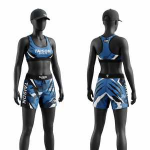 250 GSM Stretch Polyester Spandex Women MMA <b>Bra</b> Shorts <b>Blue</b> Camo Fightwear Custom Logo Set - Product Image 1