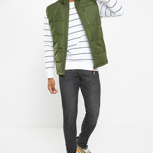 Men's Olive Green Mandarin Collar Reversible Quilted Puffer Vest Zipper Closure Windproof Casual Outerwear Winter - Product Image 1