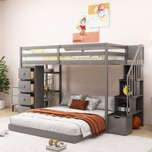 Letto a Castello Grigio con Letto Singolo Sopra e Letto Matrimoniale, 3 Ripiani, Cassetti e Scala con Vano Portaoggetti per Bambini - Product Image 1