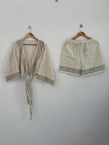 Boho Cotton Long Sleeve Floral Print V-neck Two Piece Set <b>Crop</b> Top Shorts Beige Resort Outfit Drawstring Closure Breathable Free - Product Image 6