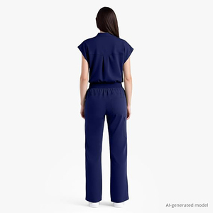 Ensemble de blouses médicales pour femmes, bleu marine, avec pantalon à cordon de serrage et haut à manches courtes, uniforme d'hôpital, tissu tissé, 100 % polyester - Product Image 2