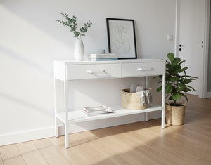 Mesa Consola de Metal Blanca para Entrada, Mesa de Sofá, Escritorio de Pasillo con Cajones y Estante Abierto para Sala de Estar - Product Image 1