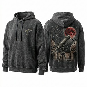 Sudadera con capucha y cremallera para hombre, color burdeos, de tejido grueso, con lavado ácido, estilo gótico, gráfico metropolitano, oversize, streetwear, fabricante de prendas. - Product Image 3
