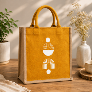 Geometric Pattern Jute Beach Tote <b>Bag</b> <b>Medium</b> <b>Size</b> Top Handle Groceries Shopping Yellow with White Silk Screen Design - Product Image 6