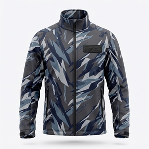 Mens Steel Blue Sublimation Softshell <b>Jacket</b> Custom Polygon <b>Camo</b> Print Stand Collar <b>Waterproof</b> Outdoor Activewear Bulk Supply - Product Image 1