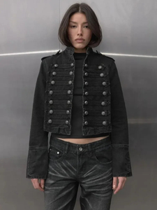 Y2K Retro Hussars Jacket Turn-down Collar <b>Double</b> <b>Breasted</b> Horn Button Regular-Length Denim Jacket <b>Men</b> Boxy <b>Coat</b> Front - Product Image 6