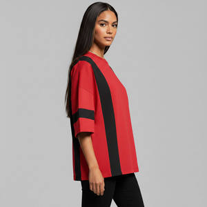 <b>High</b> Quality Women's <b>Red</b> Oversized T-Shirt With Black Stripes Three Quarter Sleeve Loose Fit Crew Neck Knitted Polyester - Product Image 5