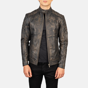 Mans Fernando Quilted Distressed Brown <b>Leather</b> Breathable Vintage Style Biker <b>Jacket</b> Accordion Side Pockets Band Collar for - Product Image 5