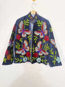 Fashion Embroidered <b>Velvet</b> Winter Lightweight Bomber <b>Jacket</b> with Floral Butterfly Pattern Zipper Closure Reversible Boho Design - Product Image 6