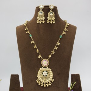 Ensemble collier et boucles d'oreilles pendantes en laiton plaqué or, finition antique traditionnelle, pour femme, anniversaire - Product Image 1