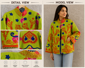 Wholesale Boho Lime Green <b>Quilted</b> Jacket Women Embroidery Floral Cotton Coat Ethnic Mandarin Collar Winter Short Outerwear - Product Image 3