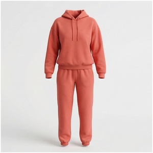 Unisex <b>Coral</b> Hooded Sweatshirt & Joggers Set 100% Cotton Midweight Solid Color Casual Tracksuit Full Length Loose Fit Autumn - Product Image 1