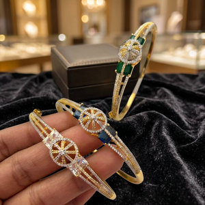 Luxury Brass Imitation Rhodium Plated CZ Cuff <b>Bangle</b> <b>Bracelet</b> Dubai Indian Style Emerald Blue Gemstone Hexagon Classic Women - Product Image 2