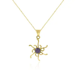 Amethyst gemstone pendant brass metal jewelry sun style charm chain necklace high finish gold plated waterproof jewelry for her