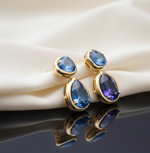 Blue Amethyst Earrings | Round & 9x12mm Pear Gemstone | 925 Sterling <b>Silver</b> 18K Gold <b>Plated</b> | 4 Inch 10g Statement Stud Earrings - Product Image 5