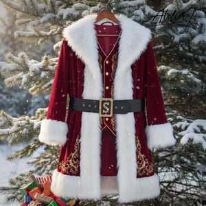 Christmas Party Santa Costume Complete Red Velvet Coat Trousers Hat <b>Belt</b> Beard Gloves and Shoe Covers for Holiday Events - Product Image 1