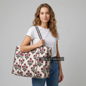 Bolso Tote Acolchado con Estampado Floral Rosa Indio, 100% Algodón, para Mujer, Grande, Venta al Por Mayor, Fabricante Personalizado - Product Image 5