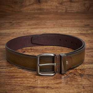 Ceinture décontractée en cuir marron uni pour homme avec double couture et boucle en laiton robuste, ceinture pour jeans - Product Image 2
