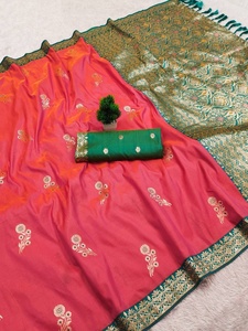 <b>Red</b> Banarasi Silk <b>Saree</b> With Green Border And Weaving Work For Wedding Wear Women Traditional Indian Style - Product Image 2