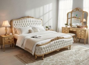 French Style <b>Antique</b> Design Hand Curved Tufted Bedroom Furniture Leather Panel Bedroom Set for Villa Hotel Apartment - Product Image 5