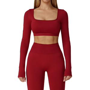 Purple 2 Piece Yoga <b>Set</b> <b>Square</b> Neck Long Sleeve Crop Top High Waist Shorts Sweat Wicking Seamless Design - Product Image 6