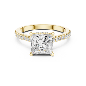 Bague de fiançailles en or jaune avec diamant taille princesse et pierres pavées sur les côtés pour femme, bijoux fins de mariée - Product Image 2