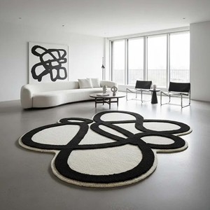Contemporary Black White Wool Abstract Rug Irregular Loop Shape Tufted Carpet Modern Artistic <b>Floor</b> Mat for Living Room Bedroom - Product Image 1