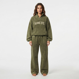 Trendy Elegant Olive Green Acid Wash Heavyweight 100% Cotton Women Tracksuit Set <b>Oversized</b> Quarter Zip Sweatshirt <b>Sweatpants</b> Two - Product Image 5
