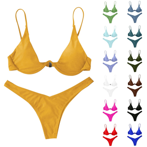 Ensemble bikini rouge pour femmes, haut croisé à lacets, bas string, couleur unie, maillot de bain extensible, deux pièces - Product Image 3