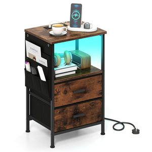 Comodino Smart in Stile Nordico con Luci LED, Stazione di Ricarica e 2 Cassetti Pieghevoli in Tessuto per Appartamenti, Comodino con Pannello Solido - Product Image 1