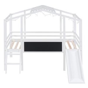 Letto a soppalco singolo con scaletta e scivolo, letto a casetta per bambini con lavagna e striscia luminosa sul tetto, colore bianco - Product Image 4
