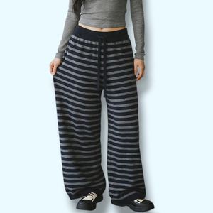 Pantalon large rayé en coton tricoté pour femme, coupe décontractée, taille élastique mi-haute, longueur complète, style automne, avec cordon de serrage - Product Image 2