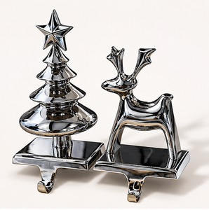 Polished Nickel Christmas Tree And Reindeer <b>Stocking</b> <b>Holder</b> Hangers Aluminium Non-Slip Weighted Base Metal Festive Mantle Decor - Product Image 5