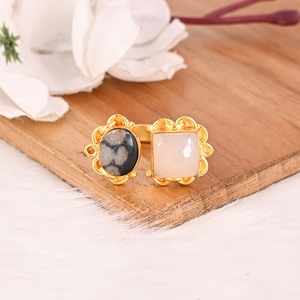 Natural White <b>Moonstone</b> & Mix Druzy Two Gemstone Gold Plated Brass Ring Handmade Trendy <b>Jewelry</b> for Women - Product Image 4