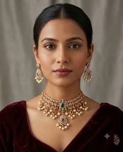 Handcrafted Brass Base AD Stone <b>Pearl</b> Cluster Work Choker <b>Set</b> Festive Traditional Indian Bridal Necklace <b>Set</b> <b>Jewelry</b> Collections - Product Image 2