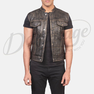 Chaleco de Cuero Genuino Marrón Vintage Personalizado para Hombre, Corte Ajustado, Sin Cuello, con Botones a Presión y Bolsillos - Product Image 5