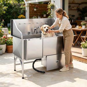 Professional <b>Dog</b> and Pet Grooming Station Stainless Steel and Wood Tub for Indoor Use for Cats and Reptiles <b>Bathing</b> - Product Image 1