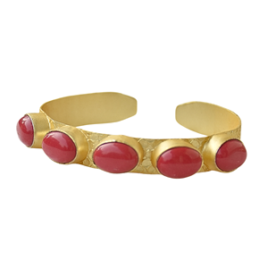 Gold Plated Cuff <b>Bracelet</b> With Red Coral Stones Vintage Style Unisex Jewelry Imitation Stones - Product Image 2