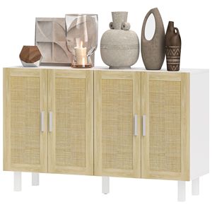 Mobile da Cucina Boho Bianco e Naturale con 4 Ante in Rattan e Ripiani Regolabili per Sala da Pranzo di Villa - Product Image 1