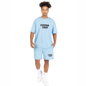 Ensemble de course pour homme, t-shirt et short en coton bleu clair, logo personnalisé imprimé, vêtements décontractés d'été, tissu tricoté respirant - Product Image 1