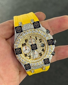 Reloj Clásico de Moda con Moissanita, 42 mm, Acero Inoxidable, Correa de Goma Amarilla, Lujoso, Estilo Hip Hop, Analógico, Cristal con Diamantes - Product Image 1