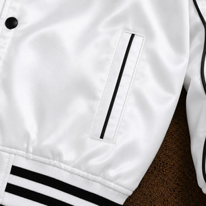 White Men's Varsity <b>Jacket</b> Regular Fit Solid Color Turn-down Collar Button Closure Polyester Material Autumn Casual Style - Product Image 3