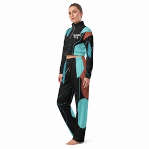 Custom Solid Casual <b>Women's</b> Cropped Top & Wide Leg <b>Jogger</b> Set with High Neck Style Top And <b>Baggy</b> Style Pant and Sublimated Print - Product Image 3