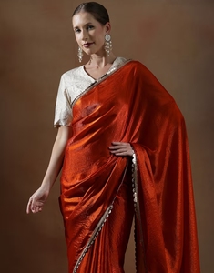 KV Women's <b>Orange</b> Designer Silk Fancy Lace Border <b>Saree</b> With Unstitched Blouse - Product Image 1