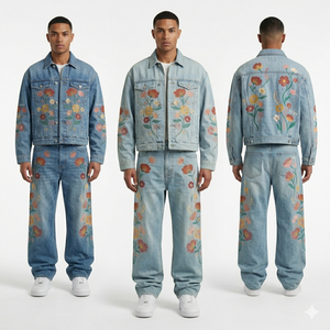 Ensemble veste et jean en denim délavé 14 oz, style vintage, streetwear lourd, tenue deux pièces, personnalisable OEM ODM, vente en gros - Product Image 1