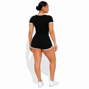 Custom Logo <b>Women</b> One Set Solid <b>Black</b> Short Sleeve <b>Crop</b> <b>Top</b> with Side Stripe Knee Four-Way Stretch Spandex Sporty Casual Outfit - Product Image 2