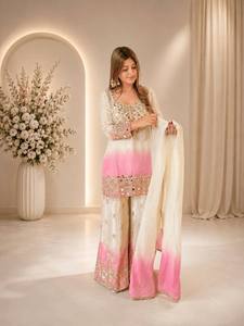 Tenue de soirée prête à porter pour femme indienne et pakistanaise, rose, avec robe longue et dupatta, entièrement cousue, en faux georgette et sequins, ornée de miroirs véritables. - Product Image 1