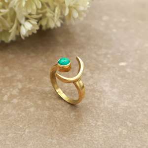 Celestial Turquoise Crescent Moon <b>Ring</b> 14K Gold Plated Brass <b>Adjustable</b> Unisex Bezel Set Boho & Hippie Daily Wear Jewelry - Product Image 4