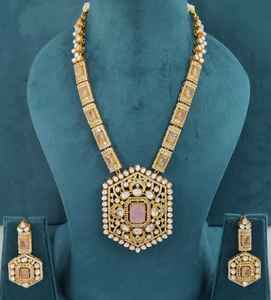 Conjunto de collar largo de latón con piedras dobles de moissanita Polki, diseño hermoso, estilo real, perfecto para fiestas y ocasiones festivas. - Product Image 5