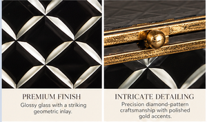 <b>Black</b> Geometric Glass Jewelry Storage Box Set with Gold Metal Frame Patterned Finish Soft Lining Decorative Keepsake Organizer - Product Image 4